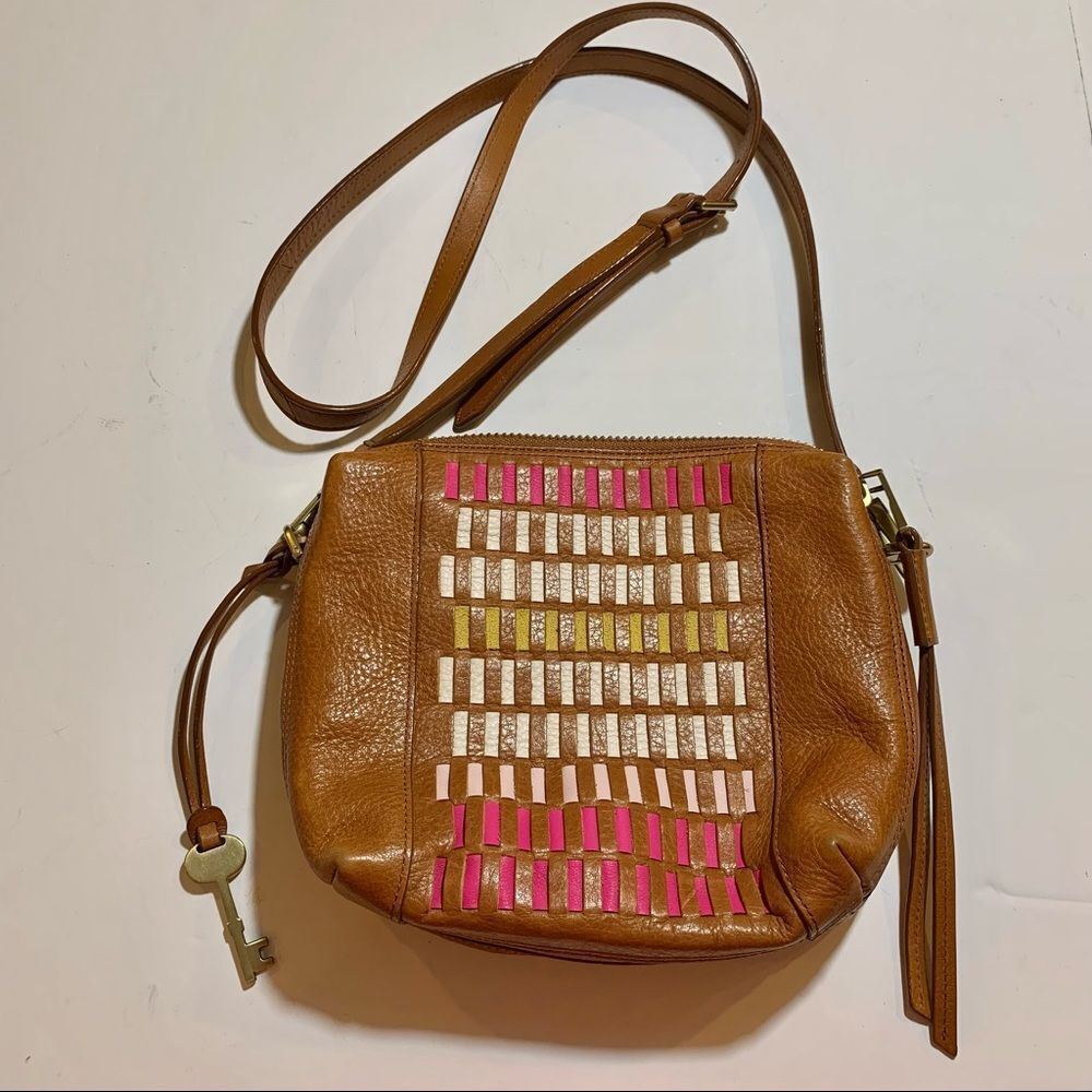 Fossil Genuine Camel Leather Crossbody Purse with Colored Leather Inserts‎